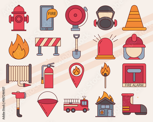 Set of vector icons representing firefighting tools and symbols including helmets hoses and fire trucks photo