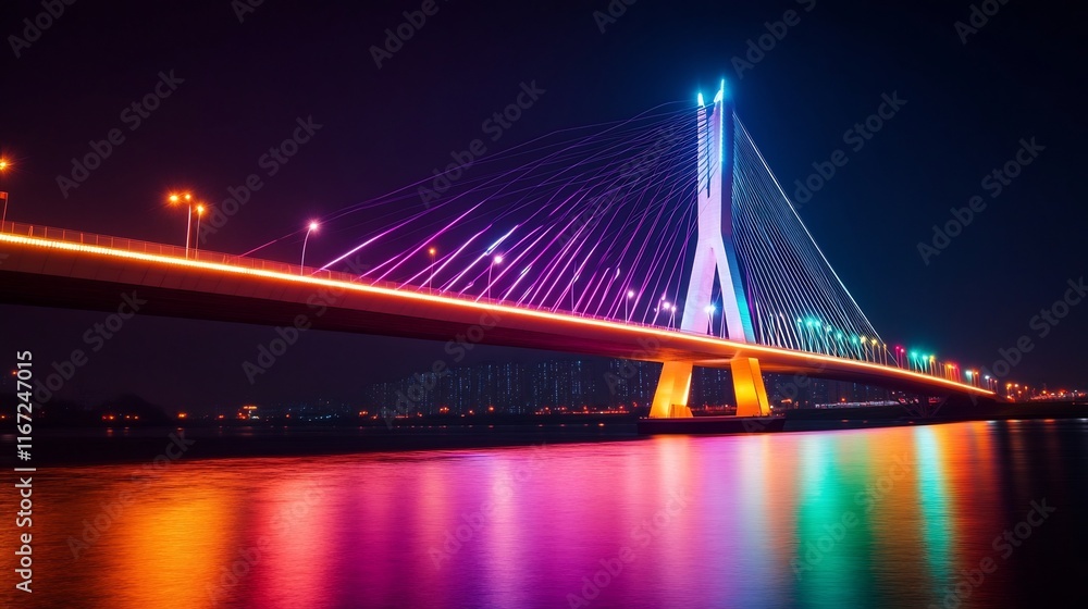 Futuristic Bridge Illuminated by Neon Lights at Night in Vibrant City Skyline Futuristic Bridge Illuminated by Neon Lights at Night in Vibrant City Skyline