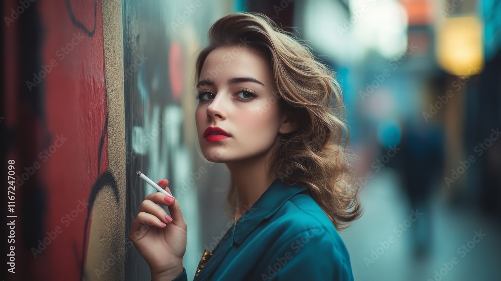 A young woman leans against a graffiti-covered wall. She holds a cigarette, exuding confidence and allure. Shadows play around her in a city alley. Generative AI A young woman leans against a graffiti-covered wall. She holds a cigarette, exuding confidence and allure. Shadows play around her in a city alley. Generative AI