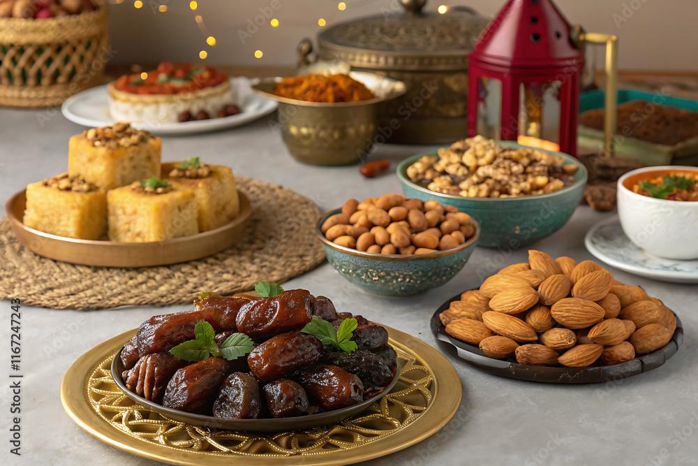 Sumptuous Spread Of Traditional Arabic Food Served During Ramadan Featuring Dates and Almonds Sumptuous Spread Of Traditional Arabic Food Served During Ramadan Featuring Dates and Almonds