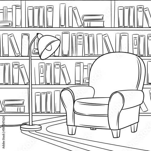 Outline Illustration for The study room has bookshelves and many book in there. study or library room for design element and coloring book page