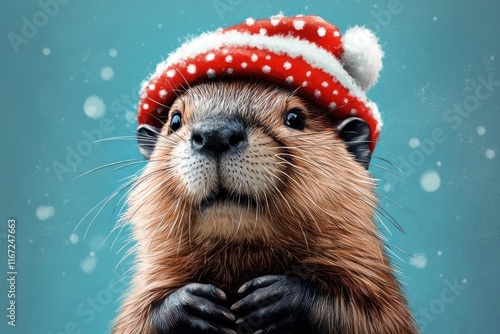 Cute Beaver Character in Patriotic Hat Celebrating 4th of July Independence Day with American Flag photo