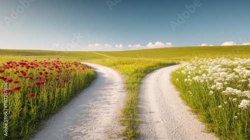 Two diverging paths surrounded by vibrant flowers under a clear blue sky on a sunny day