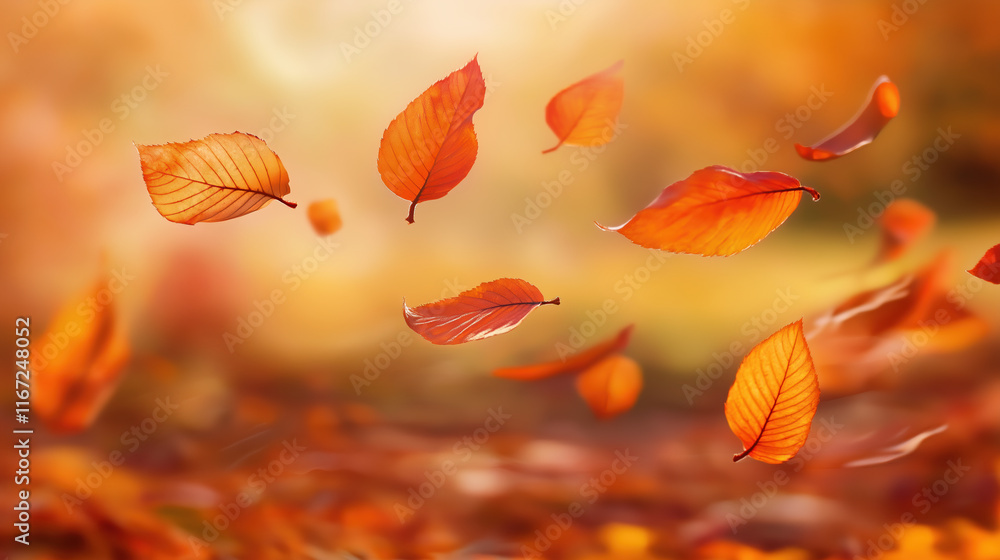Autumn leaves floating in sunlight with a warm orange and yellow background
