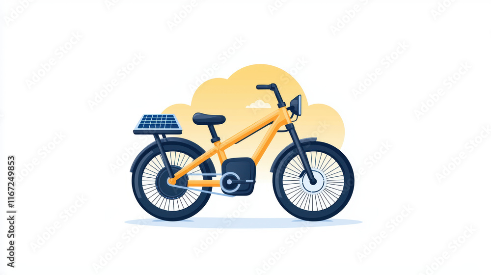 Fototapeta premium solar powered hybrid bicycle with sleek design and vibrant yellow frame, set against soft cloud background, embodies eco friendly transportation
