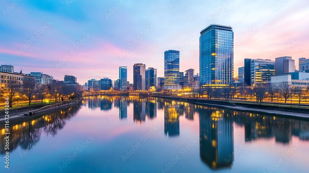 Fototapeta premium Serene Cityscape Reflecting in a Peaceful River at Dusk