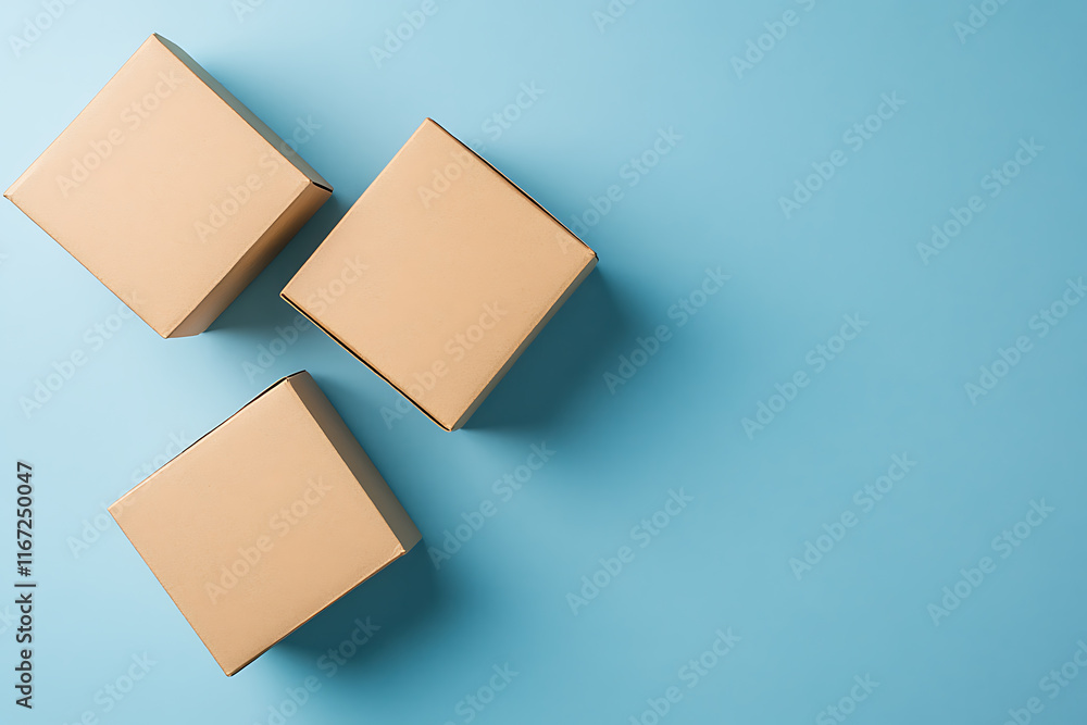 Three Cardboard Boxes on a Light Blue Background Three Cardboard Boxes on a Light Blue Background