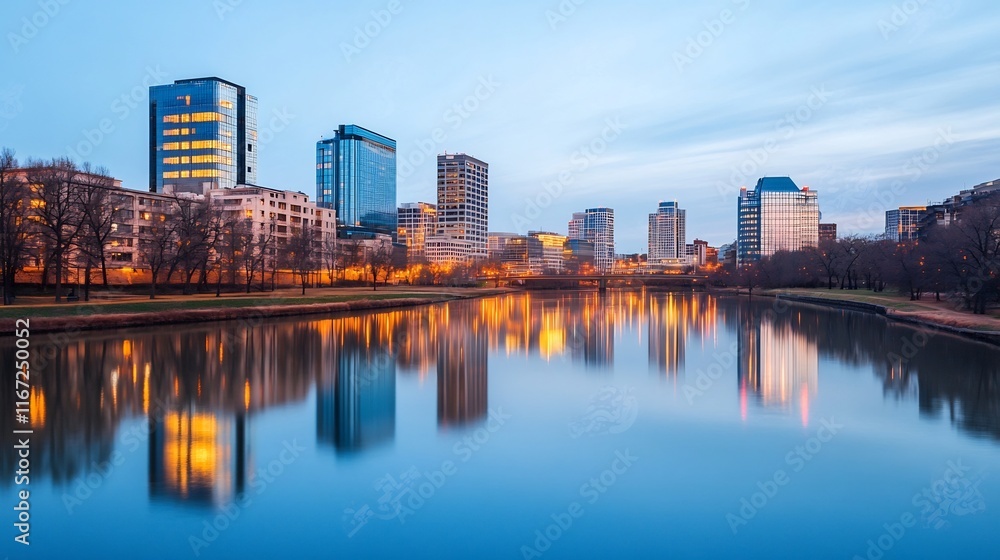 Fototapeta premium Majestic City Skyline Reflecting in Tranquil River During Blue Hour