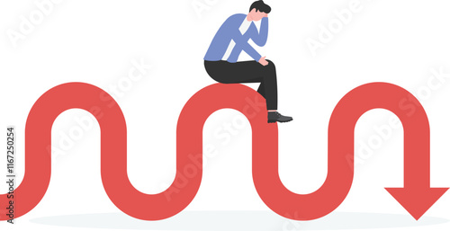 stressed businessman sitting on stock market fluctuation arrow. Financial crisis and investment risk concept.
