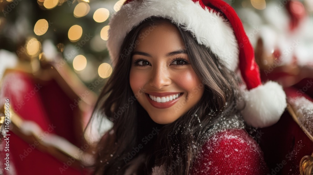 Smiling woman wearing a Santa hat with festive Christmas lights in the background Generative AI
