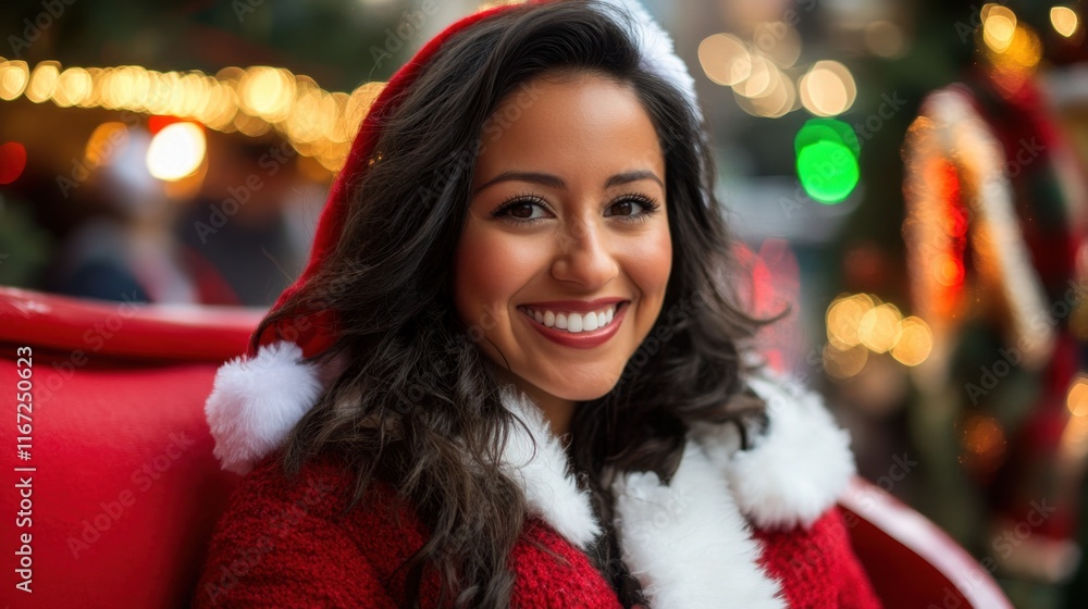 Smiling woman wearing a Santa hat with festive Christmas lights in the background Generative AI
Smiling woman wearing a Santa hat with festive Christmas lights in the background Generative AI