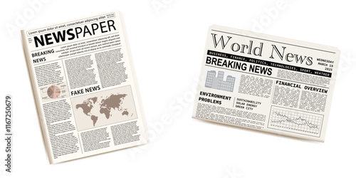 Pile of newspapers on white background. Stack of newspapers. Paper waste. Newspaper header footer. Newspaper border. Vector illustration