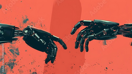 Mechanical Genesis: A Digital Renaissance of Robotic Hands Reaching Across a Crimson Canvas photo