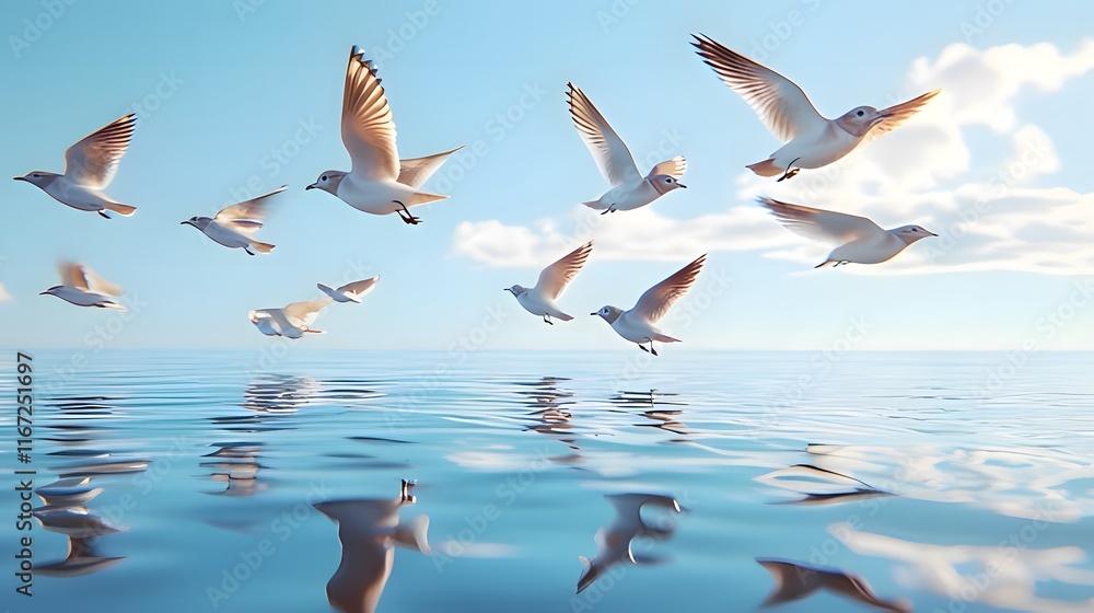 Obraz premium A serene scene of seagulls flying over calm ocean waters reflecting the sky.