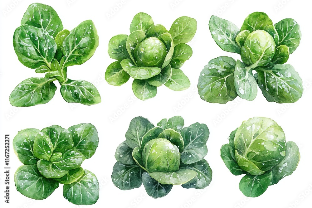 A collection of various leafy green cabbages and sprouts, showcasing their textures and forms. A collection of various leafy green cabbages and sprouts, showcasing their textures and forms.