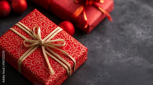 Festive Red and Gold Wrapped Gifts on Table for Chinese New Year Holiday