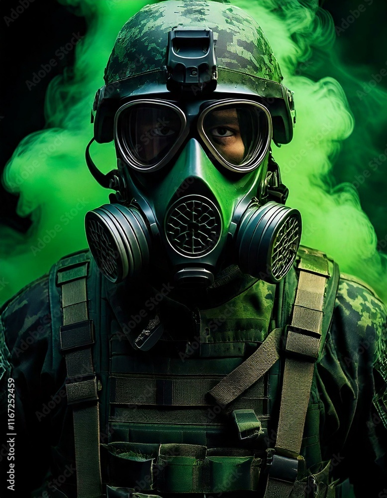 soldier wearing a respirator or gas mask with green gas
