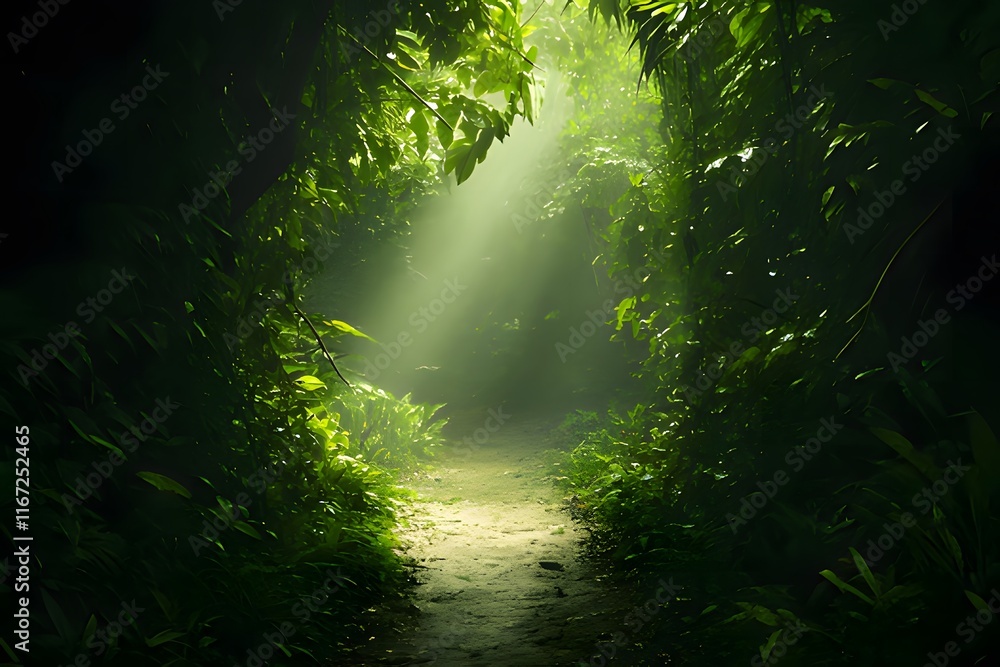 Fototapeta premium A serene forest pathway illuminated by soft sunlight filtering through lush greenery.