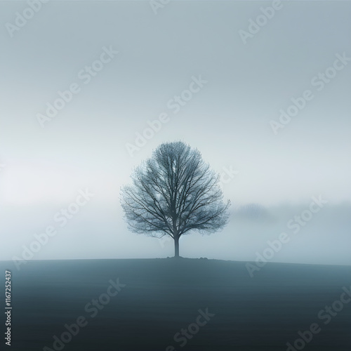 Ethereal Serenity: A Lone Tree Fading Into the Misty Landscape, Emphasizing Tranquility and Introspection photo