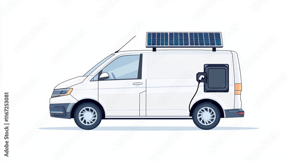 Naklejka premium solar powered van with sleek design, featuring solar panels on roof and charging port. This eco friendly vehicle represents sustainable transportation