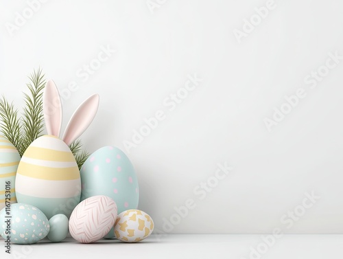 Pastel Easter eggs and a pink bunny ears on a light pastel background, with copy space. photo