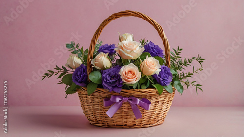 Spring Bloom: Wicker Basket with Flowers and Butterflies on Yellow Background
