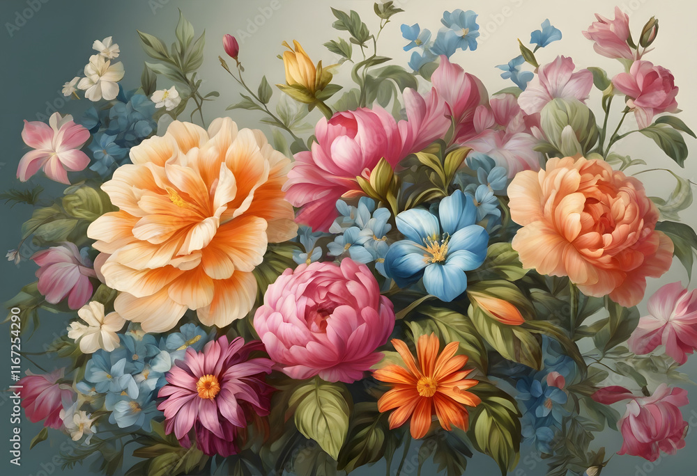 A vibrant floral pattern featuring large peonies, lilies, and other assorted flowers in shades of coral, white, and green against a dark background. A vibrant floral pattern featuring large peonies, lilies, and other assorted flowers in shades of coral, white, and green against a dark background.
