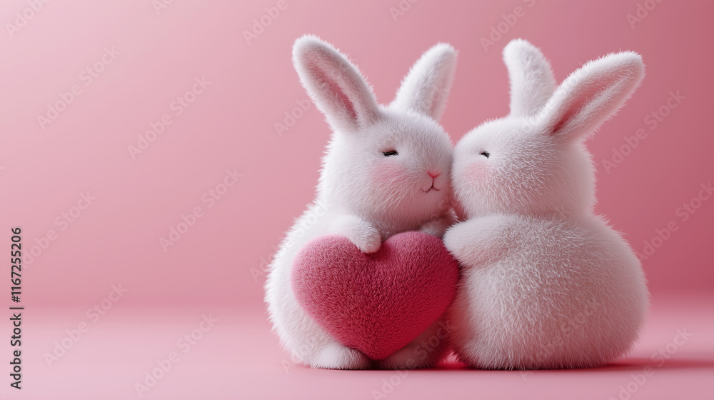 Fototapeta premium Two cute white rabbits with hearts on a pink background,Valentine's Day
