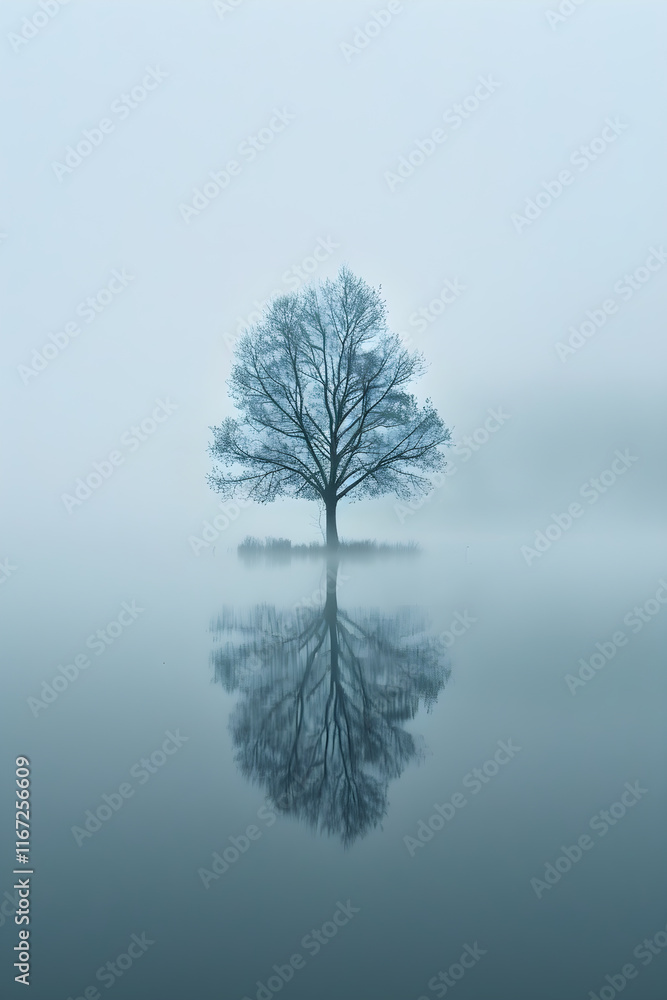 Ethereal Serenity: A Lone Tree Fading Into the Misty Landscape, Emphasizing Tranquility and Introspection