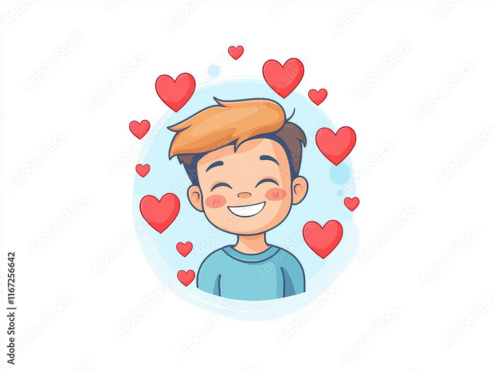 smiling boy surrounded by red hearts, expressing joy and affection. This cheerful illustration captures playful and loving atmosphere, perfect for conveying happiness