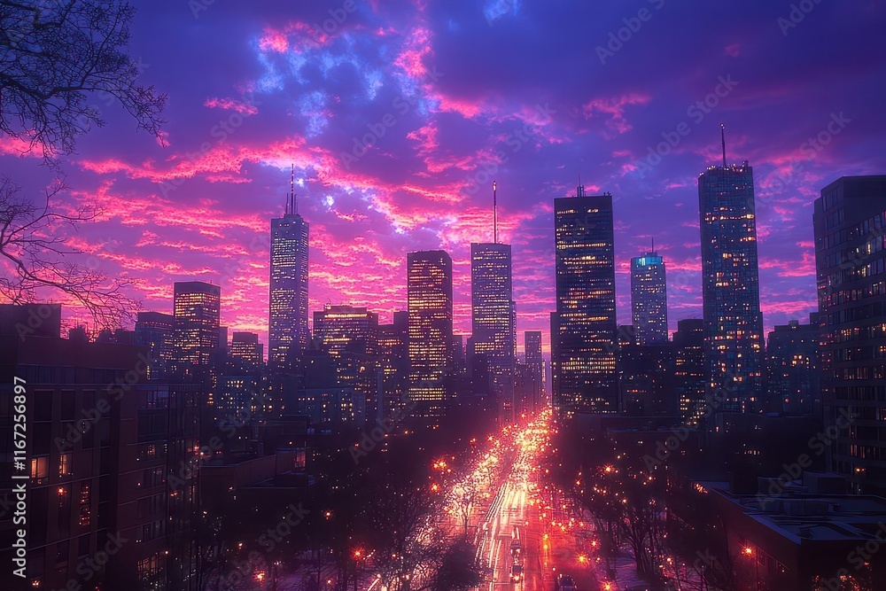 Fototapeta premium city skyline at sunset showcasing a mix of modern architecture and natural beauty with dramatic clouds painted in warm hues illuminating the horizon