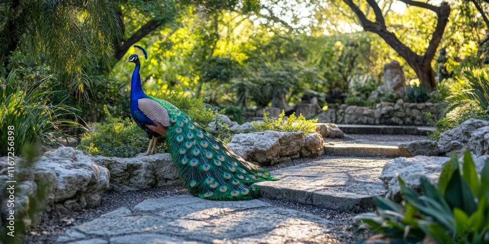 Obraz premium A vibrant peacock stands gracefully in a beautiful garden. Colorful feathers and lush greenery fill the scene. Nature's elegance is captured. Perfect for wildlife themes and artistic expressions. AI