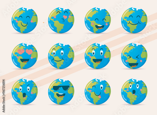 Set of vector icons featuring humorous emoticons and expressions of planet Earth