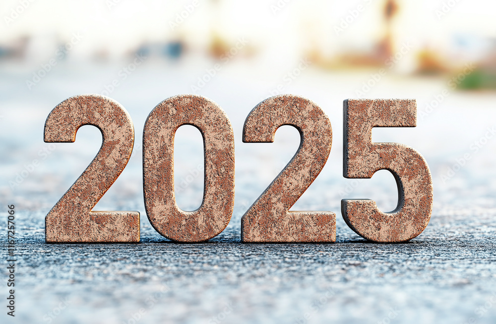 Concrete numbers representing year 2025, set against blurred background, evoke sense of anticipation and future possibilities Concrete numbers representing year 2025, set against blurred background, evoke sense of anticipation and future possibilities