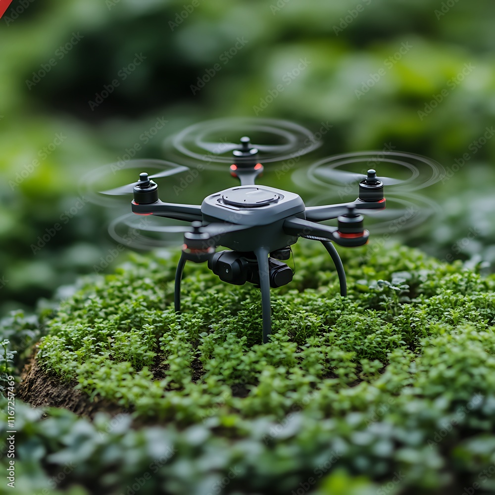 Drone hovering above vibrant green plants