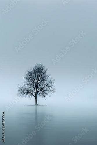 Ethereal Serenity: A Lone Tree Fading Into the Misty Landscape, Emphasizing Tranquility and Introspection photo