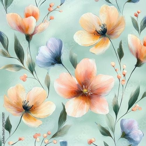 Wallpaper Mural Watercolor Floral Pattern Pastel Flowers Leaves Seamless Design Vintage Textile Wallpaper Background Torontodigital.ca