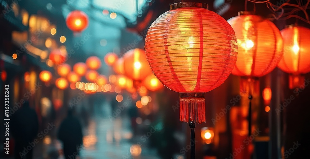 Chinese New Year Celebration with Red Lanterns and Blurred Night Street Background Chinese New Year Celebration with Red Lanterns and Blurred Night Street Background