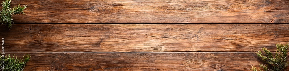 Fototapeta premium Top view of rustic wooden planks with evergreen branches