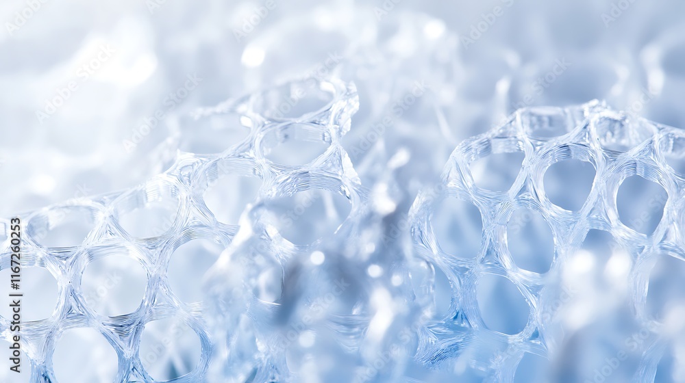 Abstract close-up of translucent, interconnected structures resembling a honeycomb or cellular network. Abstract close-up of translucent, interconnected structures resembling a honeycomb or cellular network.