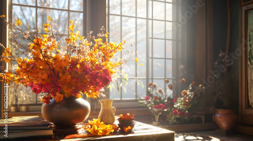 warm, inviting corner with sunlight streaming through windows, showcasing vibrant bouquet of orange and pink flowers in decorative vase. soft light enhances cozy atmosphere