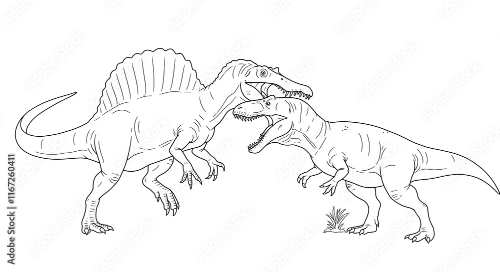 Fototapeta premium Fantastic prehistoric dinosaurs spinosaurus and tyrannosaurus coloring page illustration. Extinct creatures.