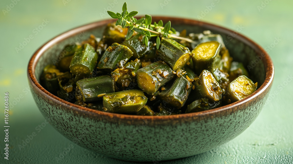 Stewed callaloo with okra and thyme in a rustic bowl Stewed callaloo with okra and thyme in a rustic bowl