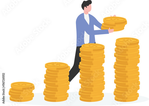 businessman put coin to growth stack of coins. Saving money and investment concept.
