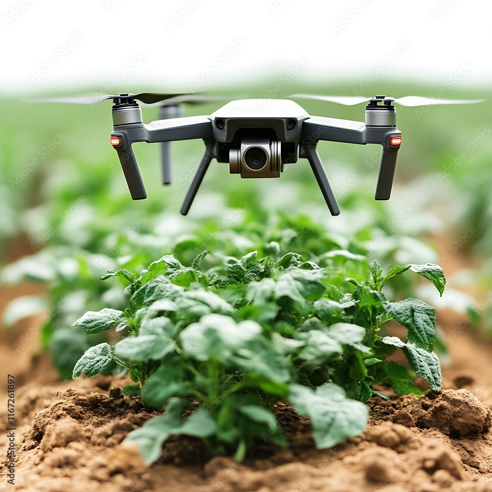 Drone camera surveys agricultural crops growing in soil