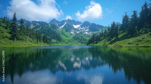 Alpine lake reflects mountain peaks under summer sky.