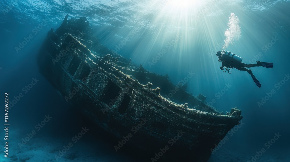 Sunken Ship: Scuba Diver Explores Shipwreck in Blue Mediterranean Waters
Sunken Ship: Scuba Diver Explores Shipwreck in Blue Mediterranean Waters