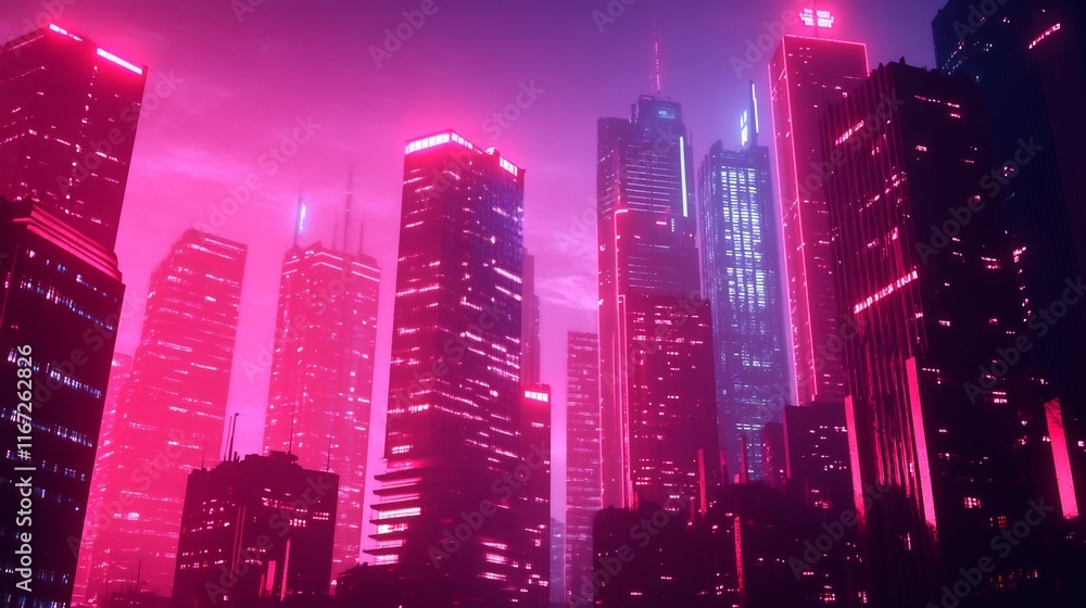 Futuristic Glowing Cityscape with Illuminated Skyscrapers Symbolizing Technology