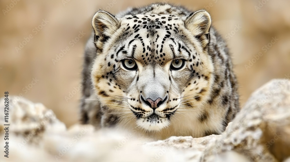 Stealthy Snow Leopard on Rocky Terrain - Captivating Mid-Motion Shot with Piercing Gaze | Ultra-Focused Wildlife Photography Stealthy Snow Leopard on Rocky Terrain - Captivating Mid-Motion Shot with Piercing Gaze | Ultra-Focused Wildlife Photography