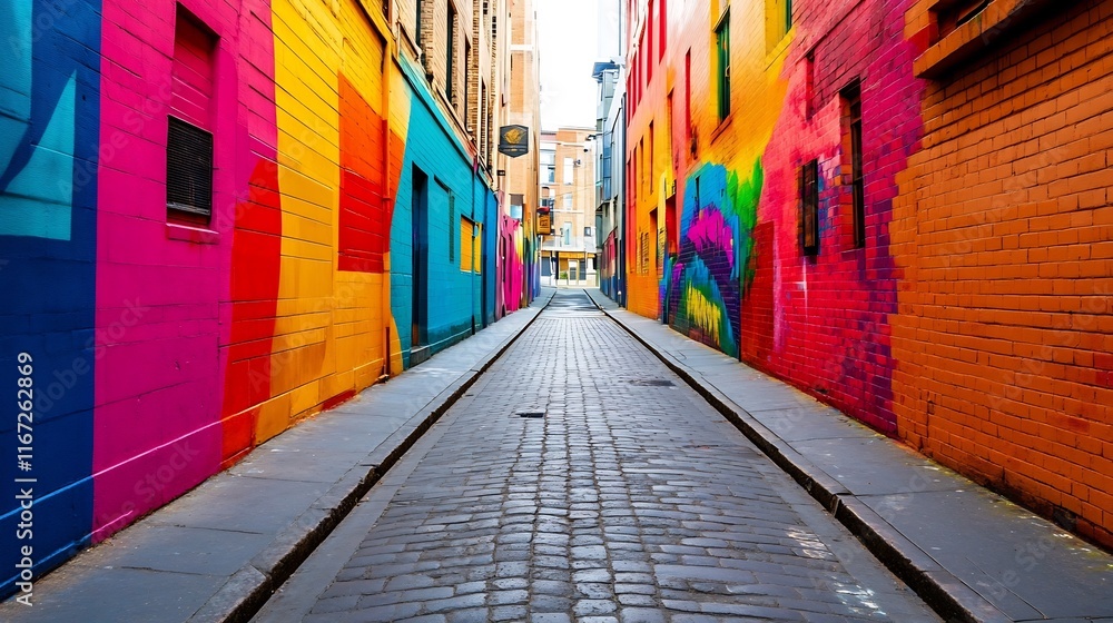 Fototapeta premium Vibrant Urban Alleyway with Colorful Street Art Murals Showcasing City Culture